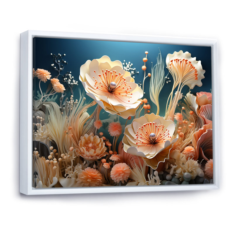 Art mural sur toile, pêche et seiche, anémone, Cadre flottant blanc, H 30 po x l 40 po x P 1,5 po