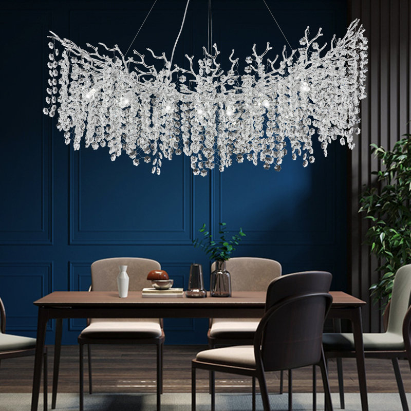 Tree Branch Snow Crystal Chandelier Lighting 47"L, Silver/White