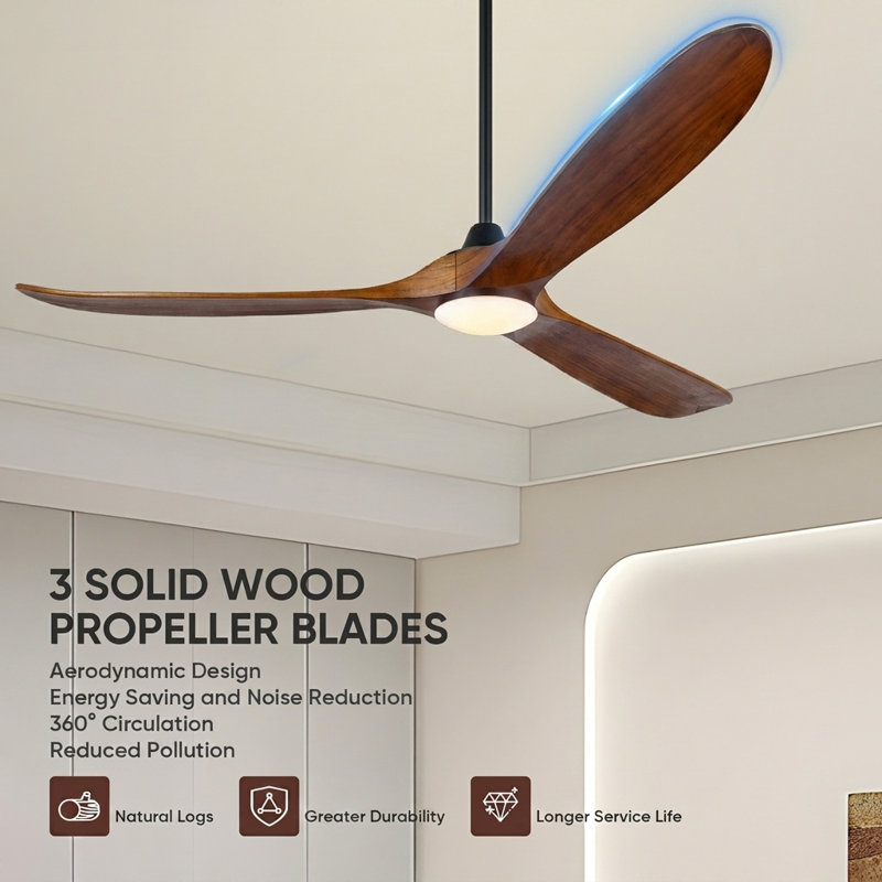3 - Blade Modern Solid Wood Ceiling Fan With Light And Remote Control, 70", Brown Wood