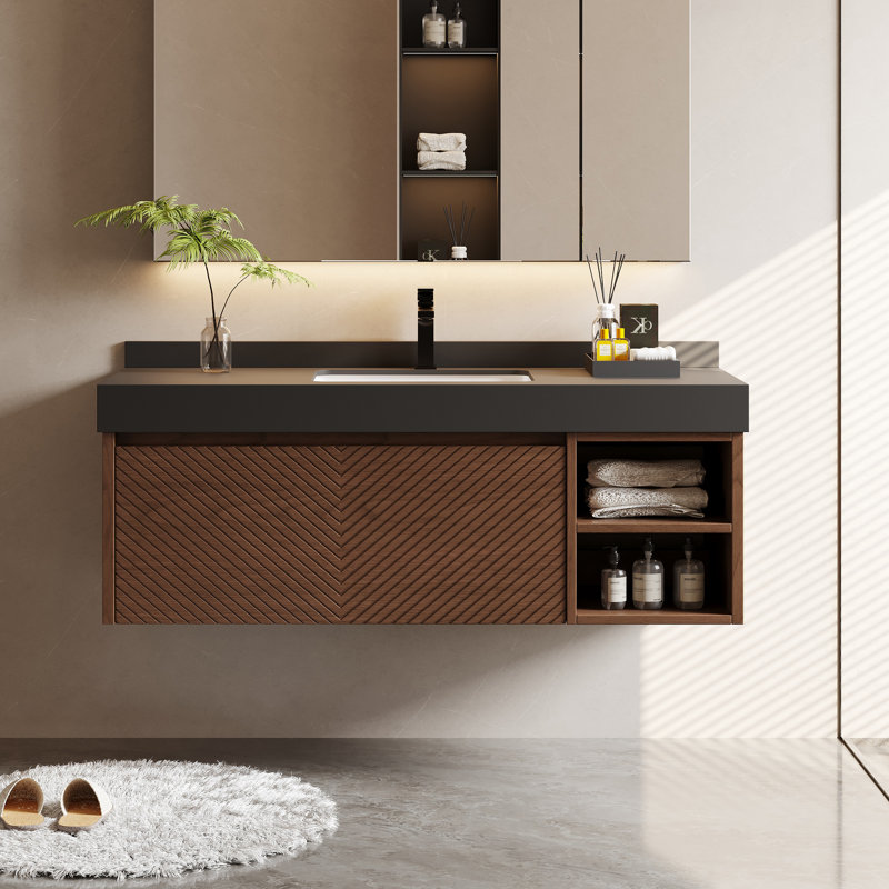 48" Modern Floading Single Bathroom Vanities, Brown Solid Wood, Black Stone Table top, 2 Drawers