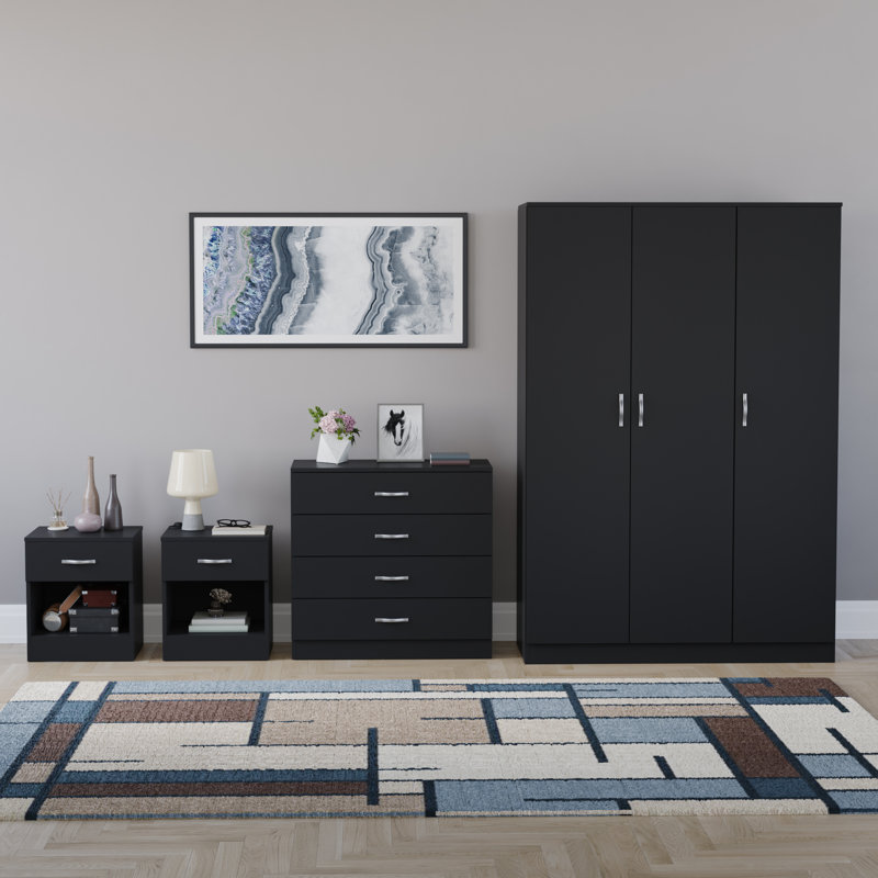 Tayce 4 Piece Bedroom Set (1 Drawer Bedside Chest X2, 4 Drawer Chest, 3 Door Wardrobe), Black