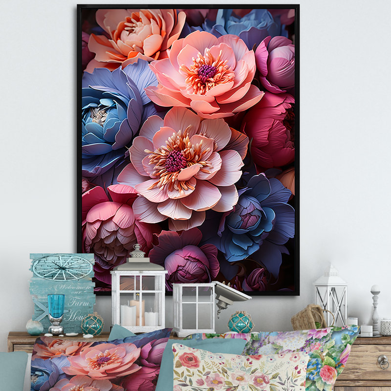 Pivoines brillantes rayonnantes sur toile, H 20 po x l 12 po x P 1 po, Cadre flottant noir