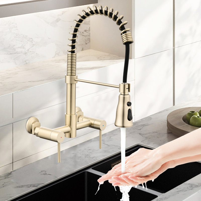 Brushed Gold Kitchen Faucet - 360 Rotation, Stainless Steel, Water Volume & Temperature Control, 1.8 Gpm Flow Rate Wall Mounted 3 Functions, Easy To Clean,