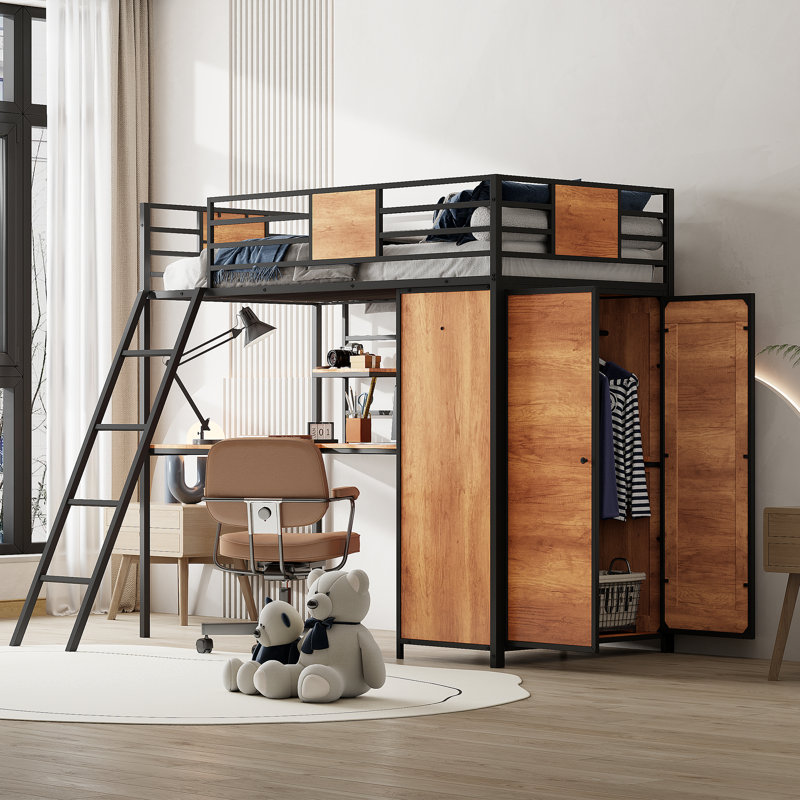 Lit mezzanine simple avec bureau en L, garde-robe et conception peu encombrante pour les enfants, Noir