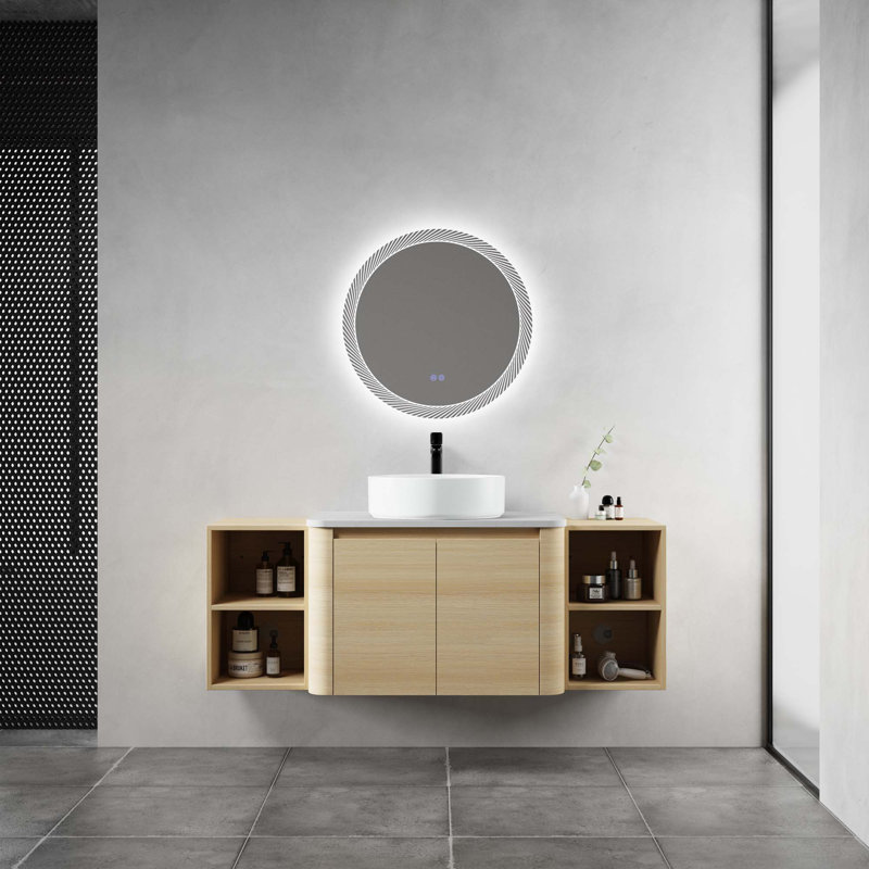 Meuble-lavabo mural 54 po avec lavabo d'art en céramique et 2 tablettes de rangement, 2 portes à fermeture en douceur, emballage KD