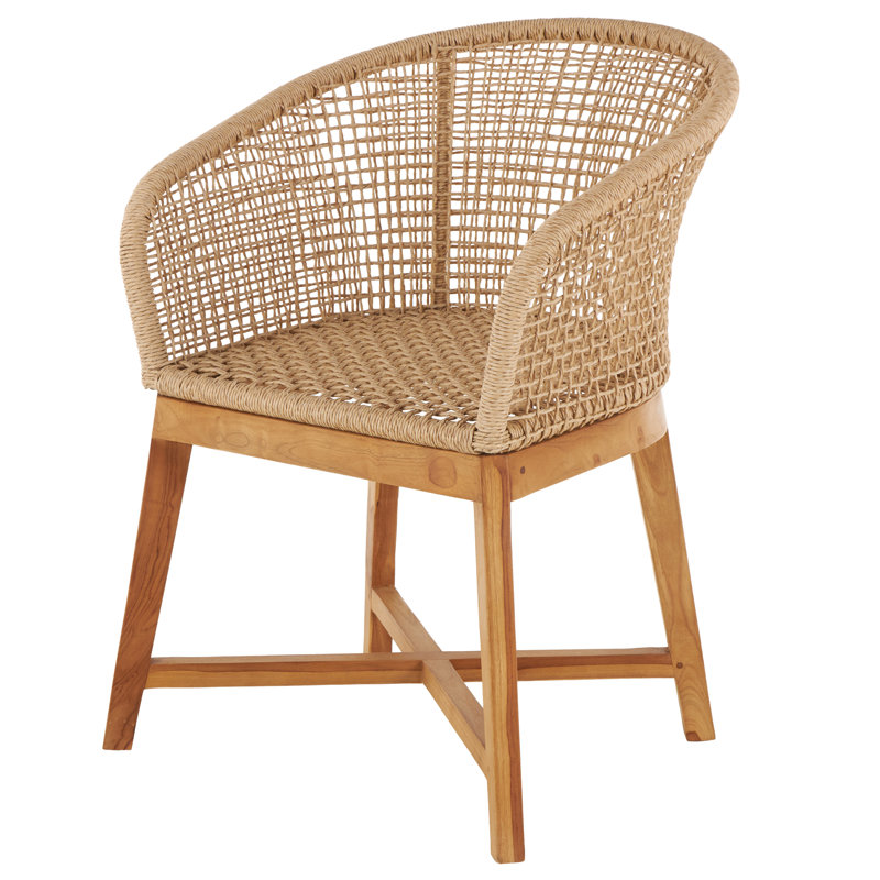Cole And Grey Plastic Rattan Handmade Woven Rounded Living Room Light Brown Accent Chair With Teak Frame