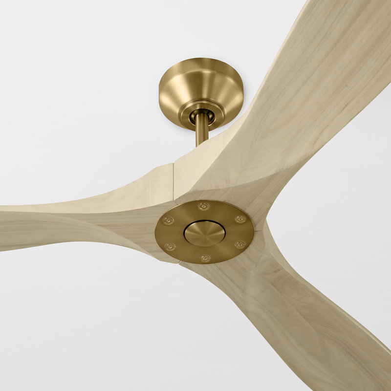 Maverick 60-inch indoor/outdoor smart ceiling fan in burnished brass finish with washed white oak blades, handheld remote control, and compatible with Alexa, Google Home, and Bond Home Action from Visual Comfort Fan