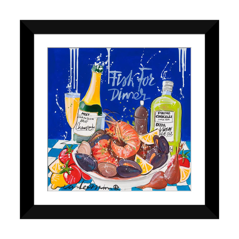 " Fish For Dinner " by El Van Leersum, Black Framed Fine Art Paper, White, 24" H x 24" W x 1" D