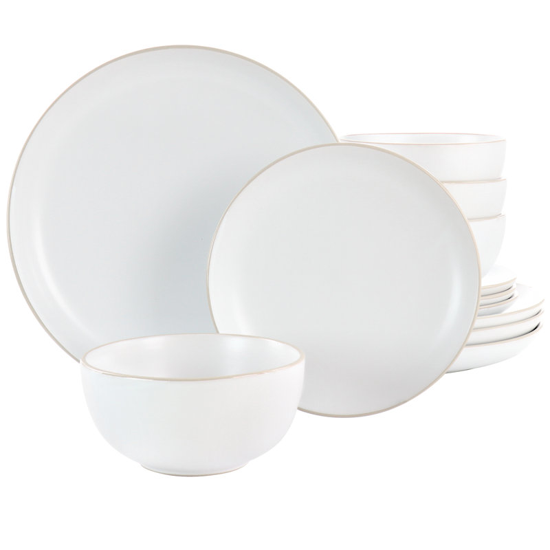 White Ceramic 12-Piece Dinnerware Set with Glossy Rim