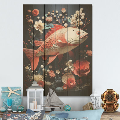 Red Fish And Small Animal Underwater Coral - Coastal Coral Under Water Wood Wall Art On Natural Pine Wood
