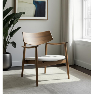 27" Brown And Cream Upholstery And Solid Wood Arm Chair