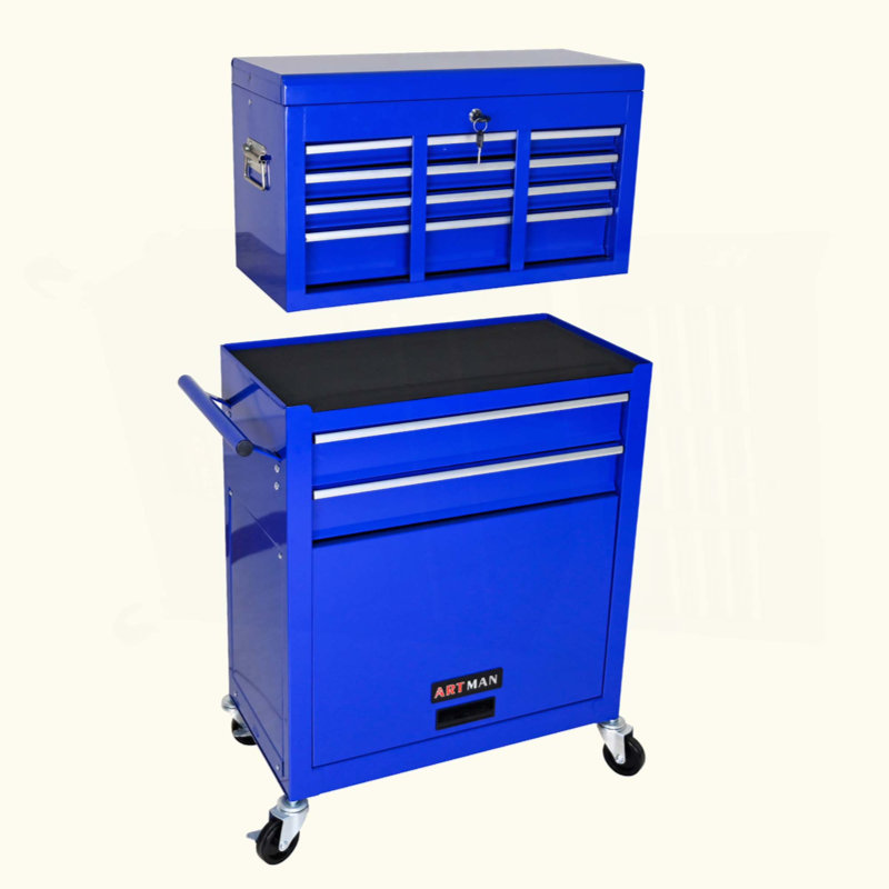 Coffre à outils roulant à grande capacité avec roulettes et tiroirs, armoire de rangement pour outils à 8 tiroirs, Bleu