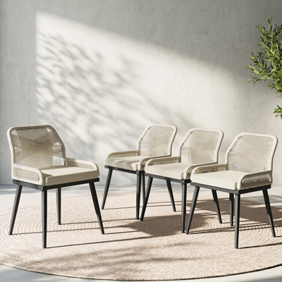 Dinkins Outdoor Patio Dining Chairs Set Of 4, 26" H All-Weather Outdoor Chairs With Boho Woven Rope Back & Removable Cushion, Modern Rattan Style Dining Chairs For Garden Backyard, Beige
