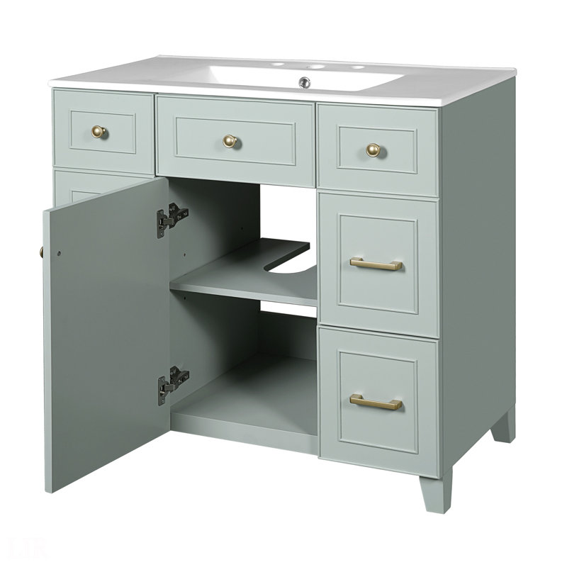 Meuble-lavabo vert 36 po avec lavabo en céramique, portes à fermeture douce, 2 tiroirs doubles et 2 tiroirs standard, tablette réglable, meuble-lavabo
