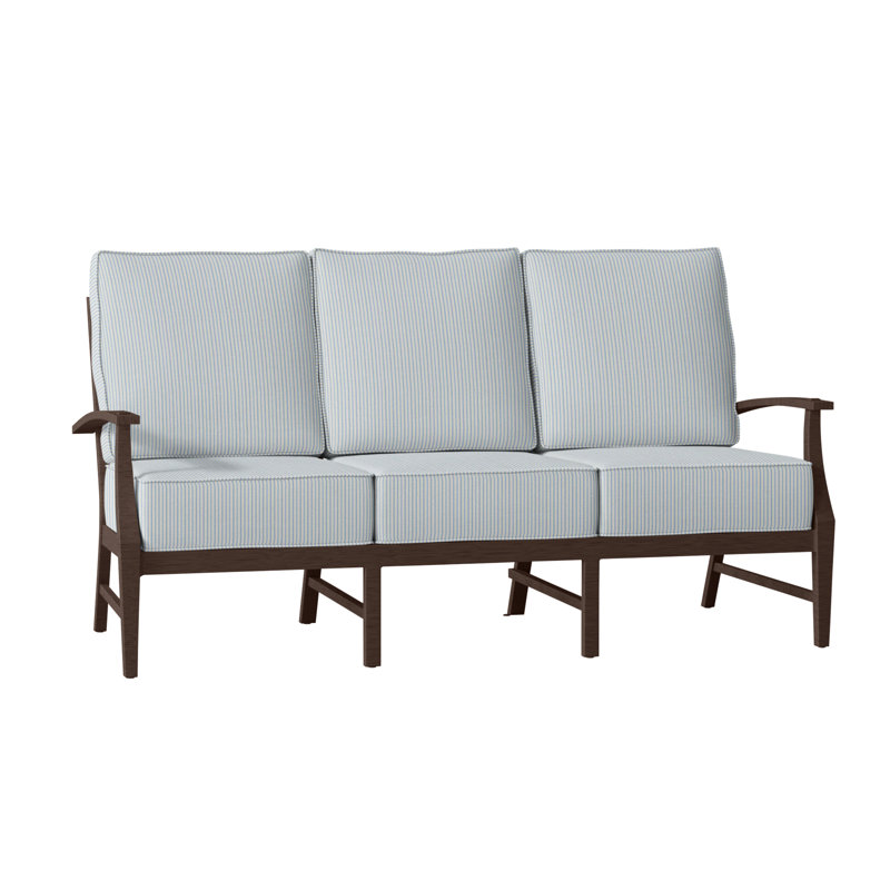 Croquet 76" Wide Outdoor Patio Sofa with Cushions, Welt, Cabana Stripe Midnight, Mahogany
