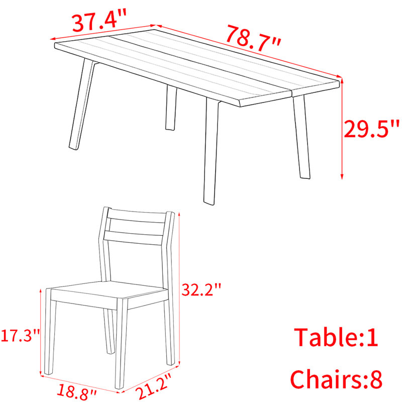 Ensemble de table de salle à manger moderne en bois massif de style nordique, H 29,5 po x L 78,7 po x l 37,4 po