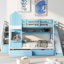 Lit superposé double peu encombrant, bois massif et bois aggloméré, design bleu rustique