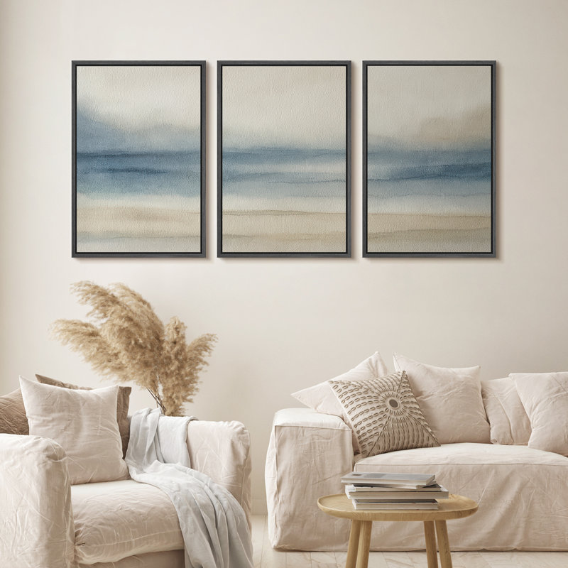 «Soft Blue Coastal Horizon», reproduction d'art sur toile encadrée pour chambre principale, 3 pièces, Noir