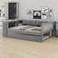 Lit plateforme tapissier avec tablettes de rangement, bureau, station de charge et lit gigogne-254720308