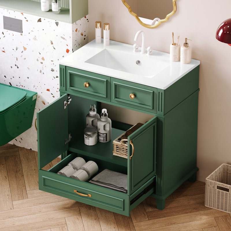 Meuble-lavabo de style rétro avec construction robuste et rangement dissimulé, Vert