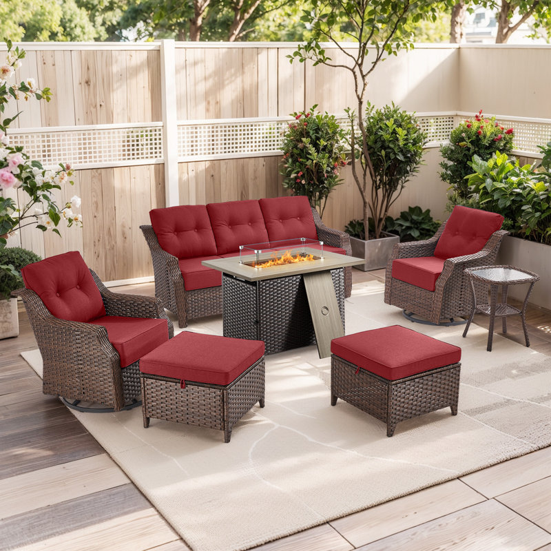 Ensemble de conversation d'extérieur rectangulaire en osier 7 pièces avec glissières, repose-pieds et table d'appoint pour terrasse Circlarmino