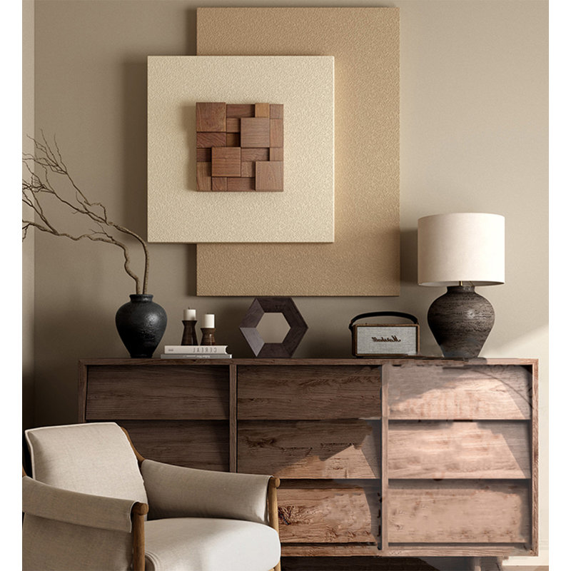 Art mural géométrique noyer et grès, Beige / kaki, H 27,56 po x l 25,59 po x P 1,57 po
