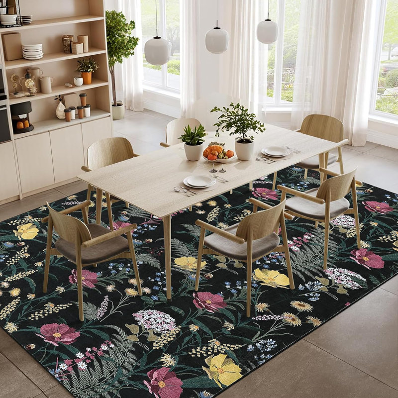 Washable Area Rug with Non-Slip Backing, Low Pile Modern Floral Print Carpet for Living Room, Bedroom & Home Office