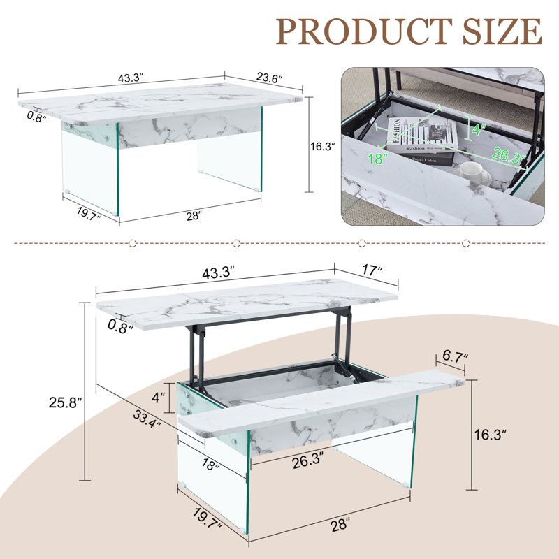  Table basse à plateau relevable avec pieds en verre et rangement, finition marbre blanc, style salon moderne, marbre blanc