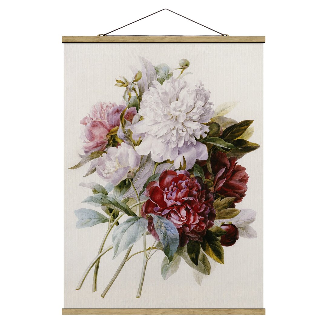 Wandbild Blumenstrauß aus roten, lila und weißen Pfingstrosen von Pierre-Joseph Redouté