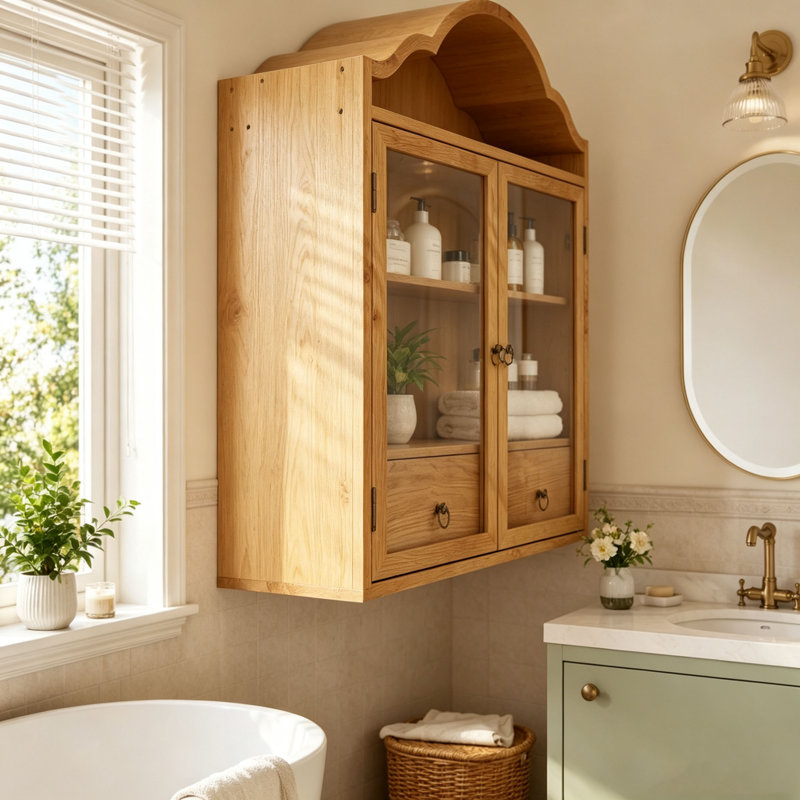 Solid Wood Wall Cabinet with Elegant Wave, Natural