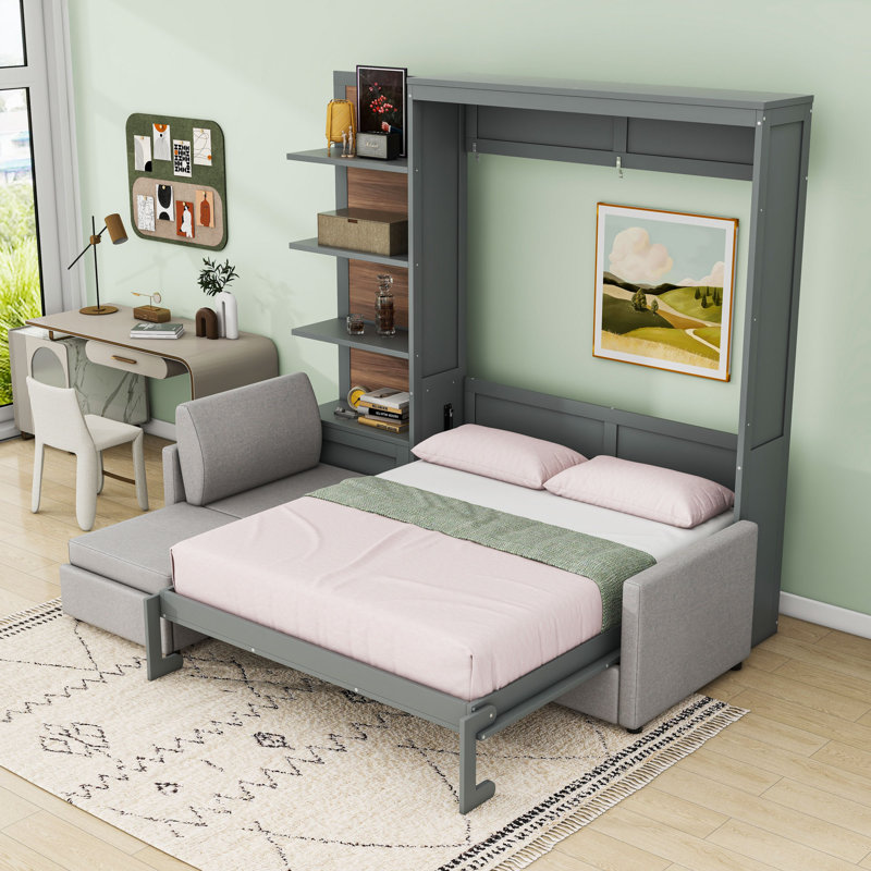 Grand lit escamotable avec canapé et tablettes, Gris