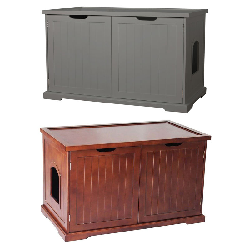 Merry Pet Cat Washroom Bench with Removable Partition Wall, Gray and Pet Cat Washroom Bench, Walnut