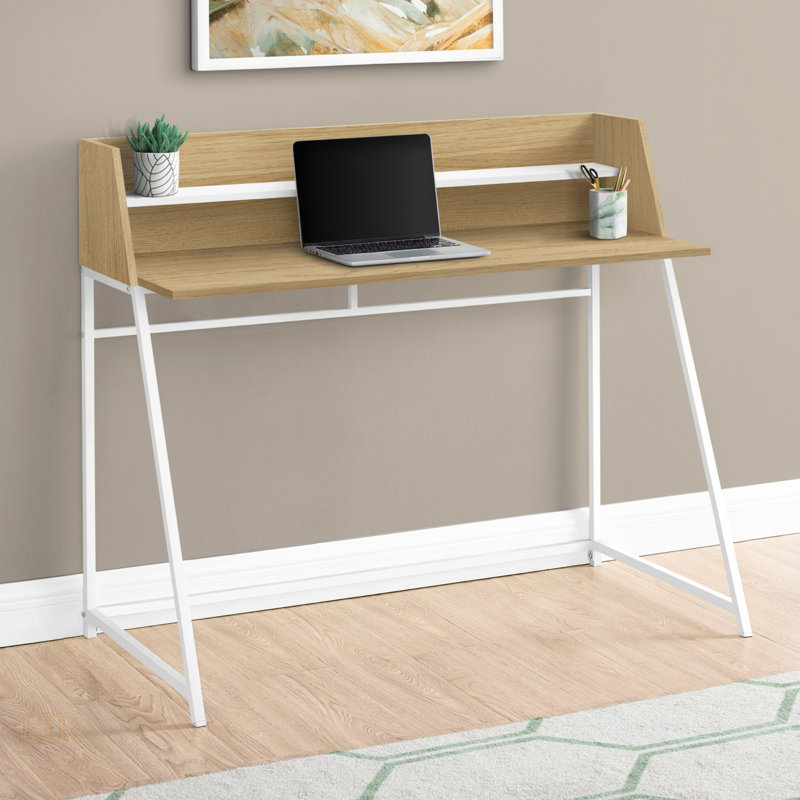 Modern Natural Laminate Computer Desk With Storage Shelves And White Metal Base,  For Home Office Work, Natural/White