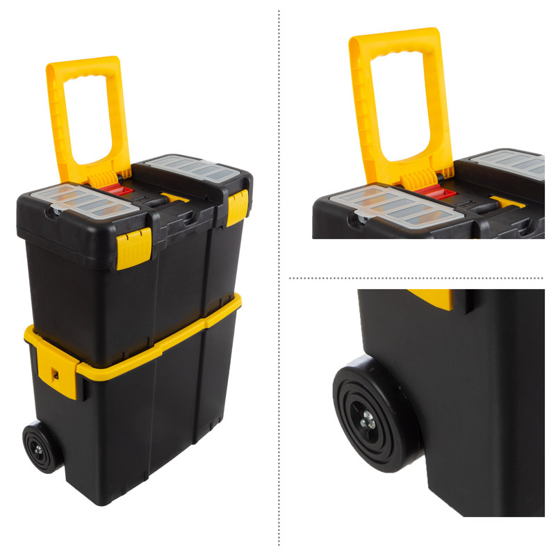 Black and Yellow Portable Tool Box with Wheels and Removable Storage Trays