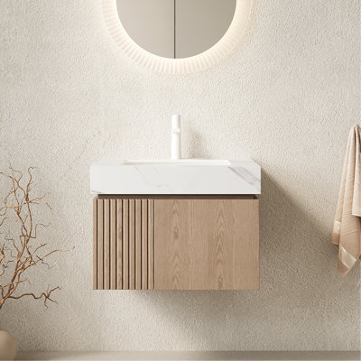 Meuble-lavabo de 24 po avec lavabo, armoire de rangement flottante en contreplaqué avec 2 portes, comptoir en pierre frittée blanc Carrara et lavabo en céramique avec 1 trou de robinet pré-percé, pré-assemblé