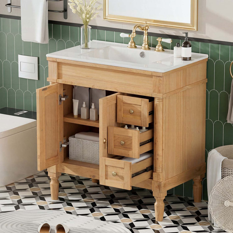 Meuble-lavabo moderne avec lavabo en céramique, rangement spacieux, idéal pour les salles de bain élégantes et pratiques.