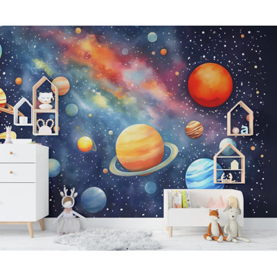 Système solaire, aquarelle, graphique mural, peler et coller, papier peint de chambre d'enfant, voie laitière, étoiles de mur, décoration murale (non tissé)