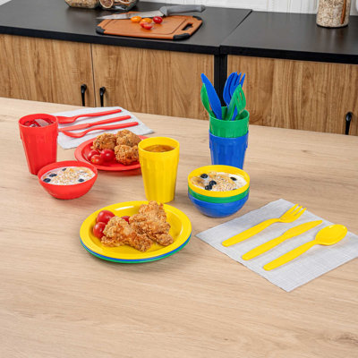 Restaurantware Dinnerware Set 1 Count 24-Piece Plastic Dining Set Forks Spoons Knives Bowls and Plates, Reusable Dishwasher-Friendly Assorted Colors Microwave-Safe Stackable Cups
