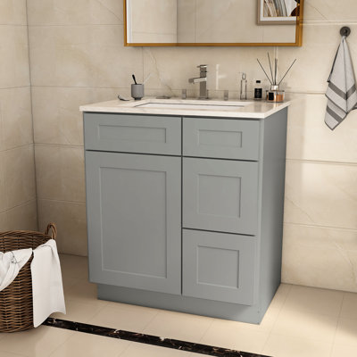 Armoire de base de meuble-lavabo gris en contreplaqué pour salle de bain, 30 po x 21 po x 34,5 po, porte droite, à l'épreuve des portes, avec tiroir et fermeture de porte l 30 po x P 21,5 po, contreplaqué gris Shaker