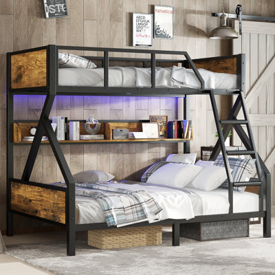 Twin Over Full Bunk Bed With Storage Shelves And Lights,metal Bunk Bed For Adults & Teens, Noise-free, Space-saving Frame, No Box Spring Needed, Black