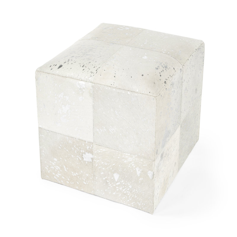 Victorian Hair on Hide with Spots Cube Ottoman, White/Gray Genuine Leather