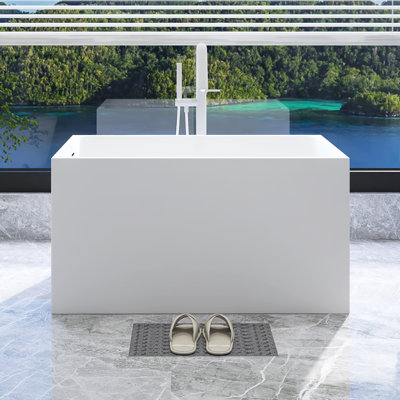 Gloss White Finish Acrylic Freestanding Bathtub ,Spacious Rectangle Shape, Chrome Overflow & Pop-Up Drain