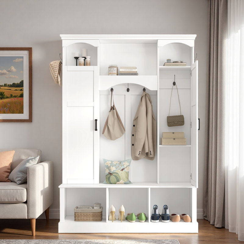 Arbre d'entrée moderne avec tablettes réglables, armoires latérales, compartiments supérieurs et crochets, Blanc