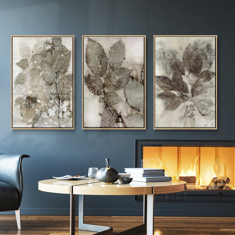 «Birch Leaves», ensemble de 3 toiles tendues sur châssis de qualité supérieure, Naturel, H 27 po x l 54 po