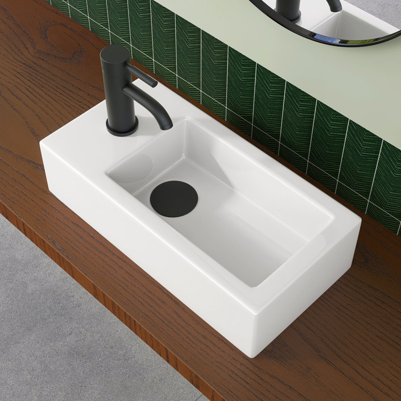 Petit lavabo mural suspendu en céramique 14,6 "x 7" mural avec robinet à gauche en blanc