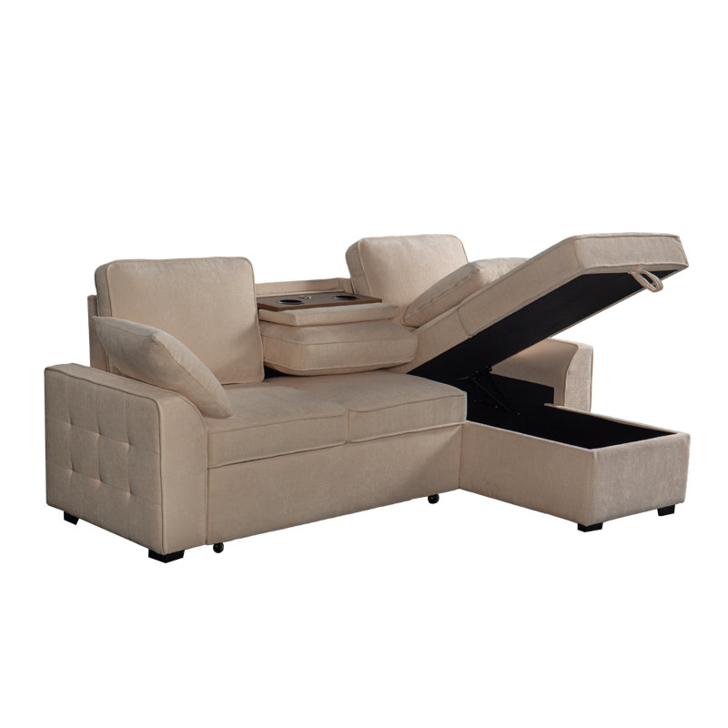 3-Piece Chenille Sectional Sofa With Cupholder Backrest, Storage Chaise & Pull-Out Bed, Beige