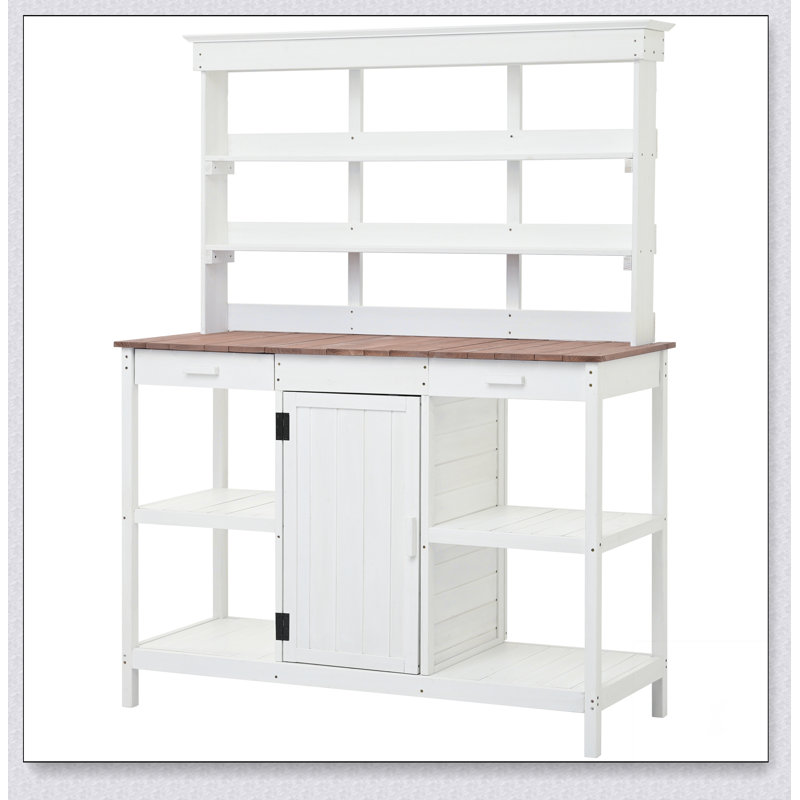 66" Large Outdoor Wooden Potting Bench Table, Garden Workstation with 2 Drawers, White