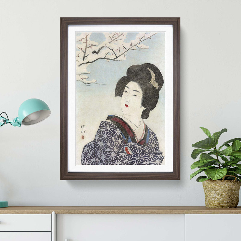 Beauty And A Plum Tree by Ito Shinsui - Single Picture Frame Painting, 63cm H x 45cm W x 2cm D, Walnut Framed