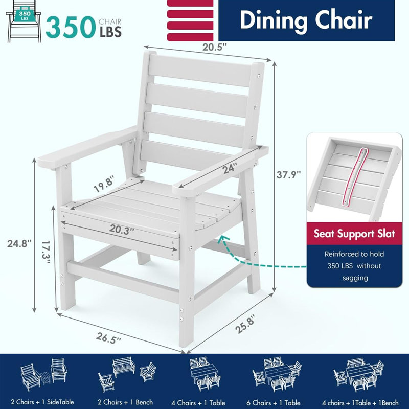 Table de patio en PEHD + chaises de salle à manger + banc, 4 pièces: table, 2 chaises, banc, Blanc