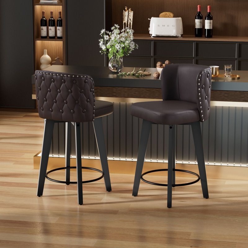  Swivel Upholstered Solid Wood Counter Stool (Set of 2), Brown